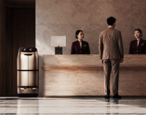 Delivery robot at a hotel reception