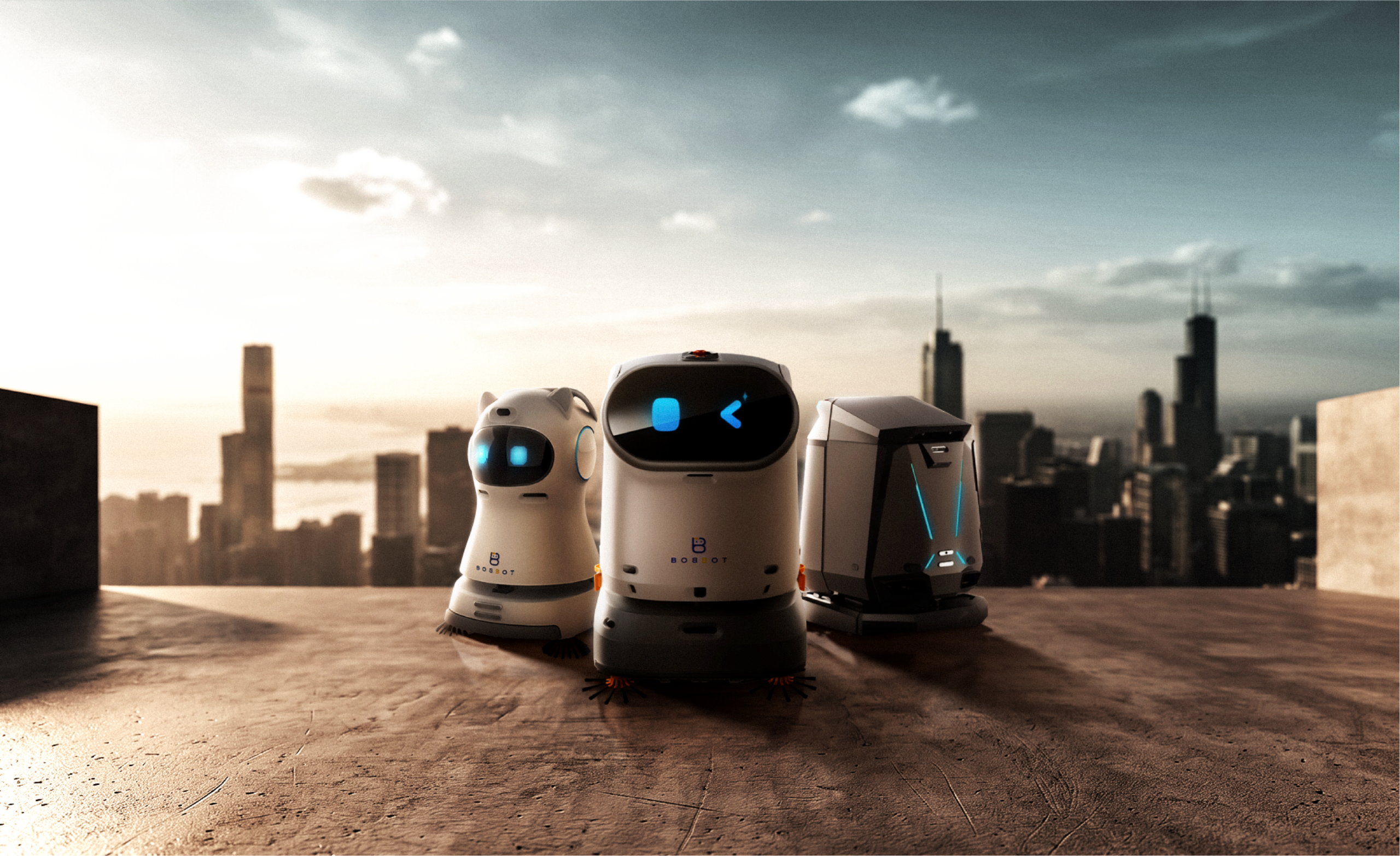 Service robots overlooking a city skyline