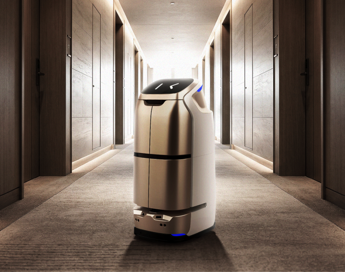 Delivery robot in an office corridor