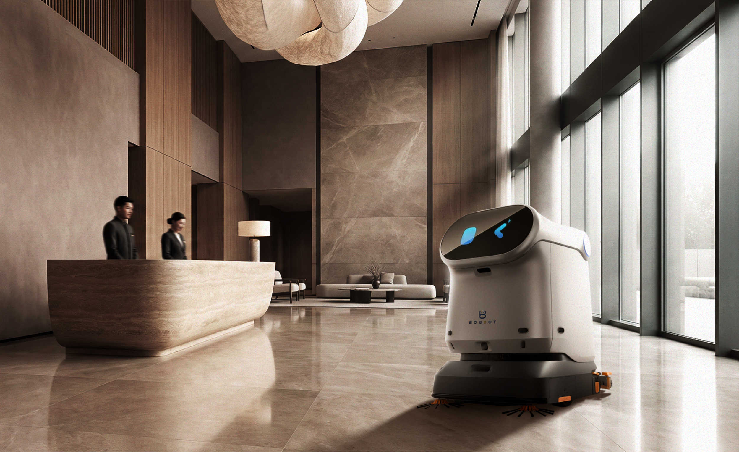 Cleaning robot working in a building lobby