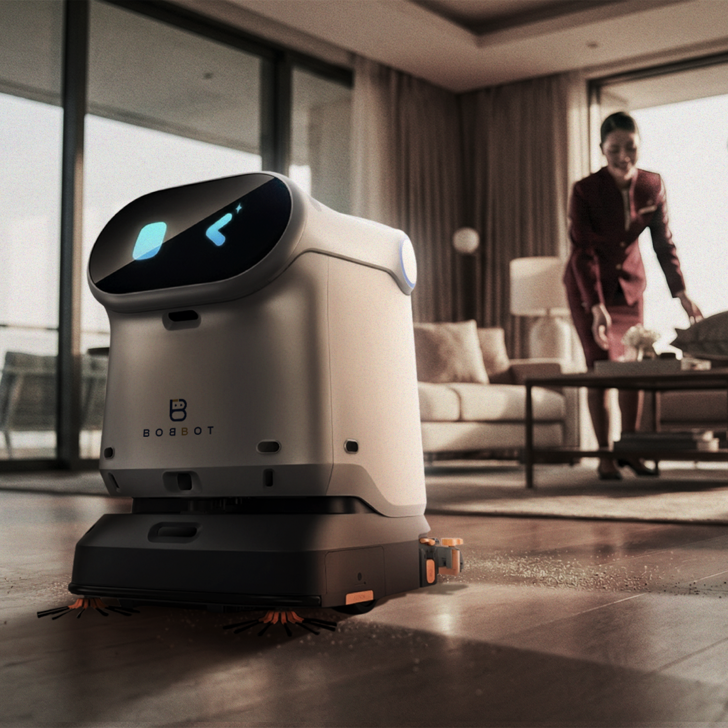 Cleaning robot maintaining a hotel guest area